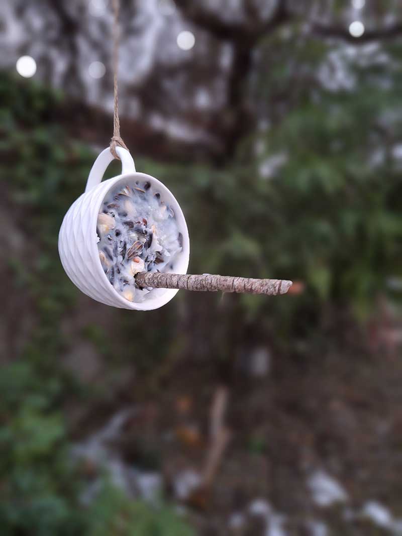 Recyklované eko-friendly krmítko pro ptáky ze starého šálku naplněného směsí semínek a oříšků